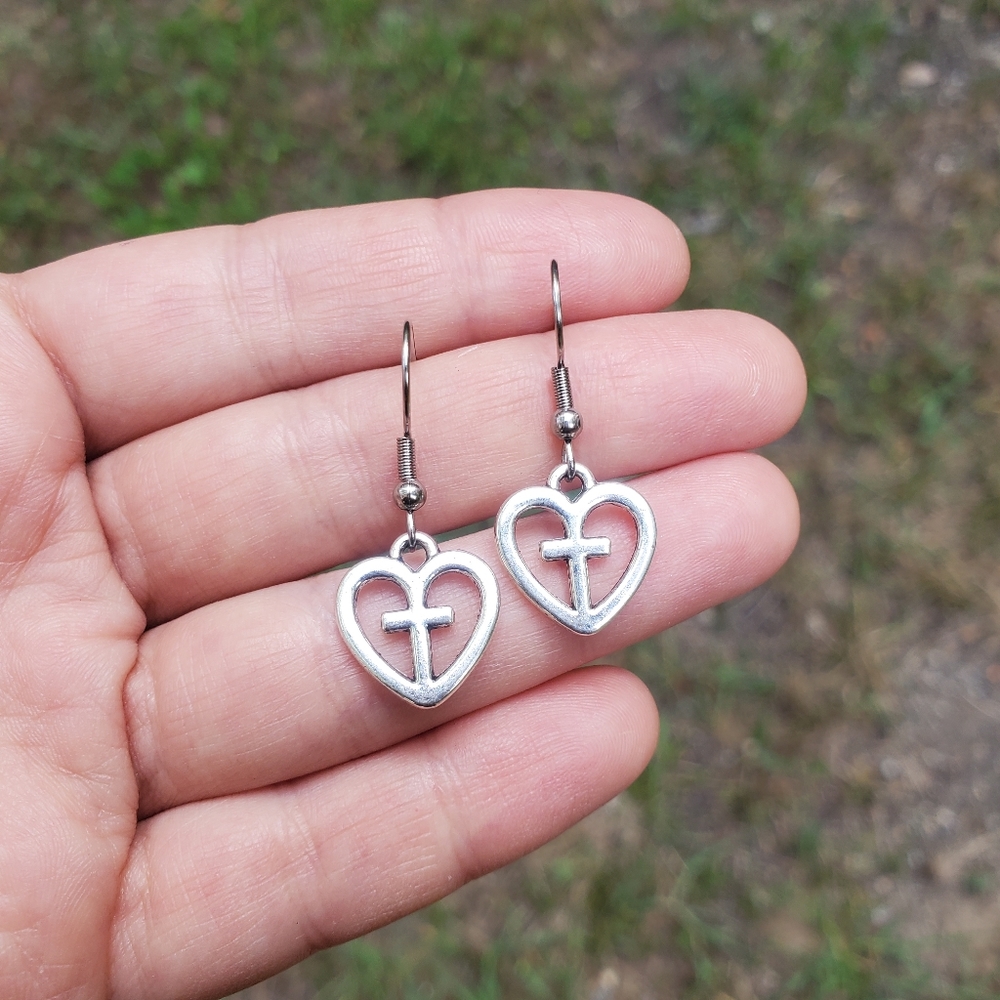 New Handmade Dainty Silver Cross Heart Earrings - Picture 13 of 15